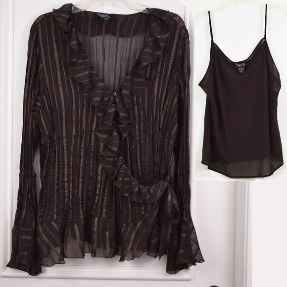 NY Collection Ruffle Wrap Sheer Blouse & Cami Women 2X Brown Monochrome Romantic - Picture 1 of 15